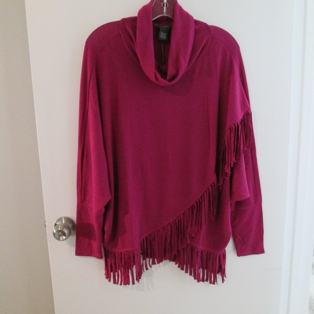 Dark Red Fringe Poncho Sweater by CHELSEA & THEODORE Sz L NWT